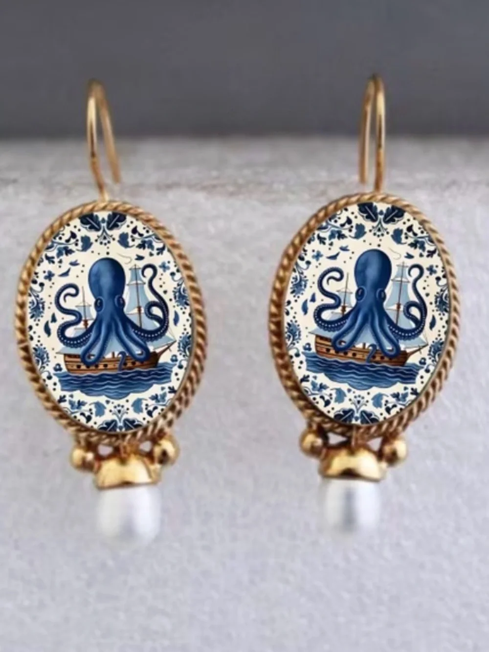 Blue Octopus Cameo Pearl Drop Earrings - Gold Tone